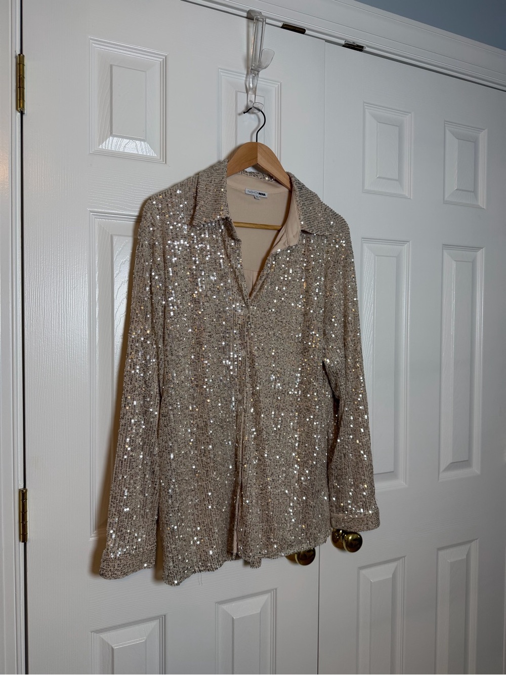 Fashion Nova Sequin Knit Button-Up shirt  - Champagne